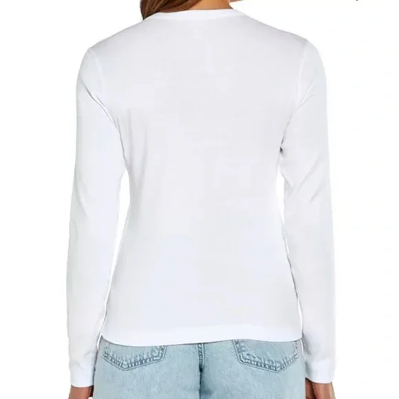 Three Dots Women Sz L Solid White Long Sleeve Top Cotton Round Neck Pullover New - Picture 3 of 13